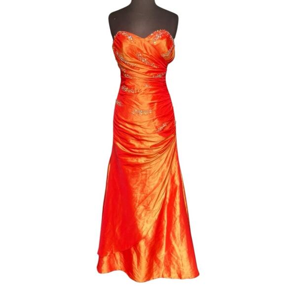 Y2K Orange Iridescent Beaded Fairy Glam Strapless Maxi Dress S Neon Prom Femme - Picture 1 of 9